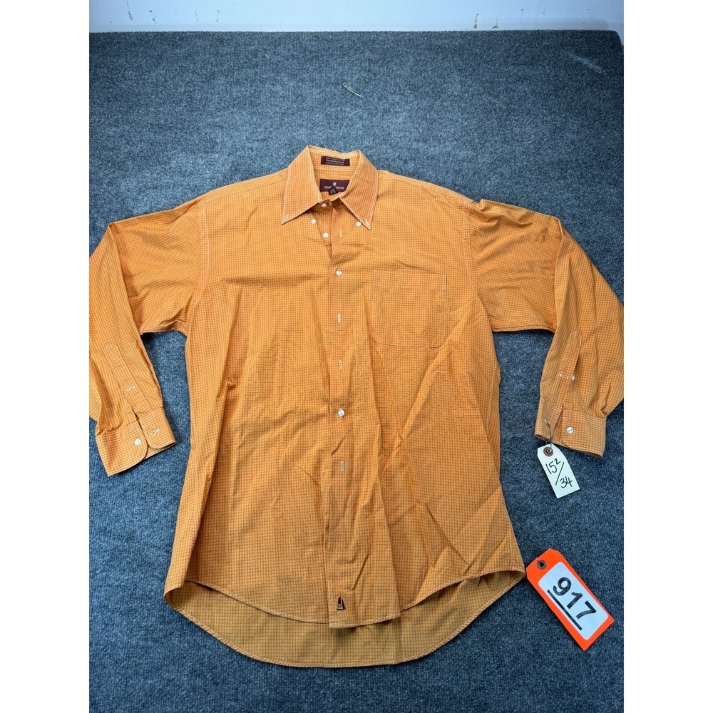 Vintage Nordstrom Men's Broadcloth Dress Shirt Orange Check 15.5 34 Hong Kong
